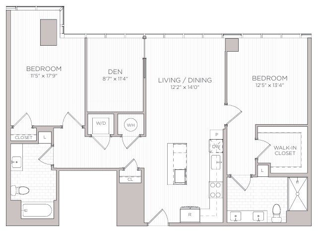 Floor plan for 2 beds, 2 baths, 1289 sqft